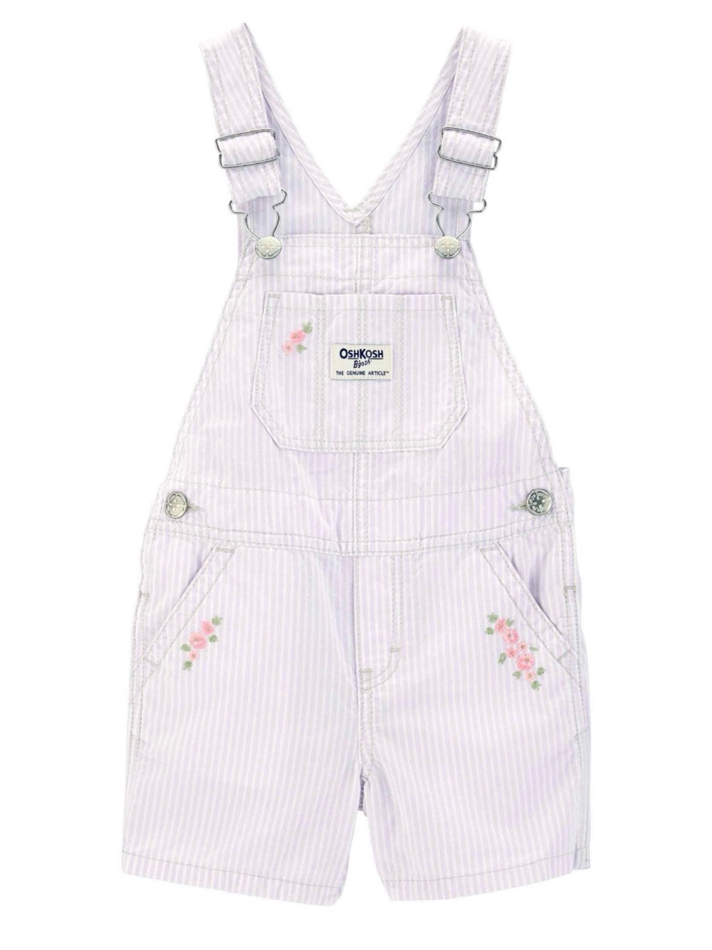 OshKosh B'gosh Light Pink Stripe Short Overalls with Floral Embroidery